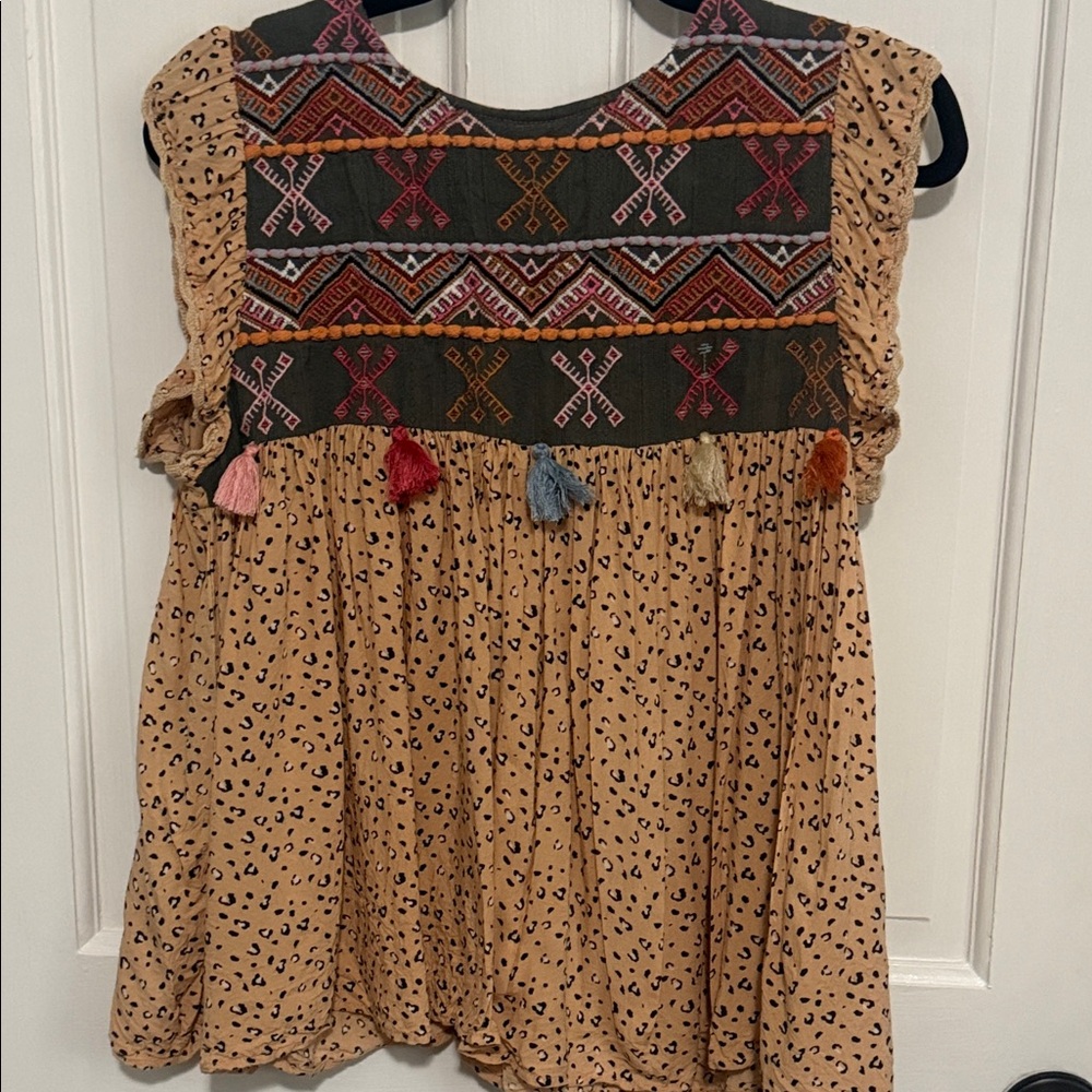 THML Tan Printed Tassel Boho Embroidered Sleeveless Top